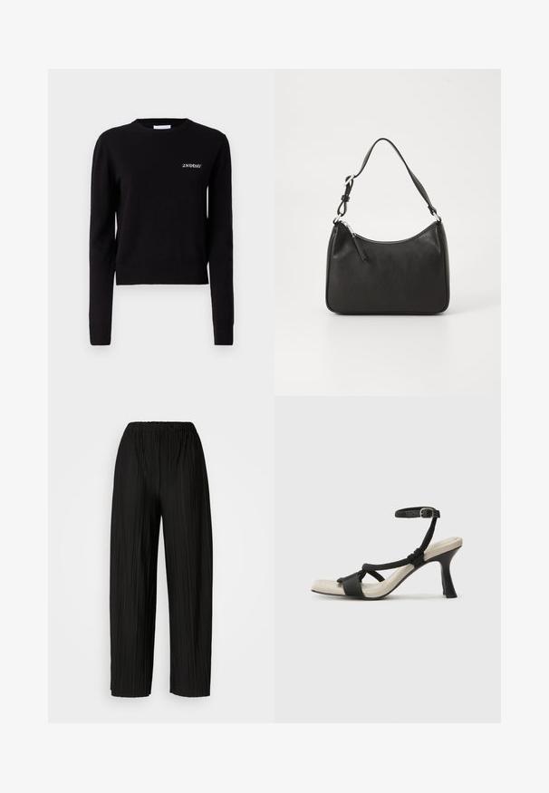 Black knitted sweater with long sleeves, a round neckline, and ribbed cuffs and hem. Features "2ND DAY" logo embroidered on the chest.; Black pleated wide-leg pants with an elastic waistband. The fabric features vertical pleats and a smooth texture.; Black heeled sandal with braided strap design, square toe, and adjustable ankle strap. Light beige footbed with a glossy black heel.; Black leather handbag with a curved shape, a single strap, zip closure, and subtle branding on the front. Smooth texture, minimalist design.