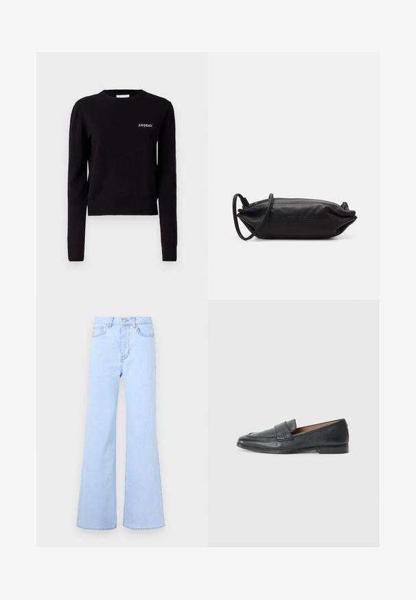 Black knitted sweater with long sleeves, a round neckline, and ribbed cuffs and hem. Features "2ND DAY" logo embroidered on the chest.; Light blue flared jeans with a high waist, featuring five pockets, a button closure, and a smooth denim texture. Edge is cleanly stitched.; Black leather loafers featuring a smooth texture, a slight shine, a rounded toe, and a small decorative stitch along the front.; Black leather clutch bag with a rectangular shape, smooth texture, thin shoulder strap, and minimalistic design.
