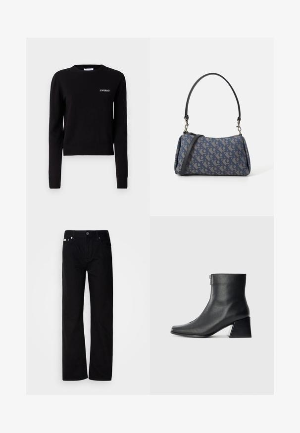 Črn pleten pulover z dolgimi rokavi, okroglo izrezano ovratnikom ter rebrastimi manšeti in robom. Značilnost je izvezen logo "2ND DAY" na prsih.; Črne jeanske hlače ravnega kroja s petimi žepi, srebrnimi zakovicami in gumbom za zapiranje. Tkanina ima gladko, rahlo strukturirano površino.; Črne usnjene gležnjarice s kvadratnim nosom, stranskim zadrgo in blok peto na enostavni svetli podlagi.; Modra torbica s vzorom iz blaga, ki ima ukrivljeno obliko, črn usnjen trak in logotip v svetlejši odtenek.