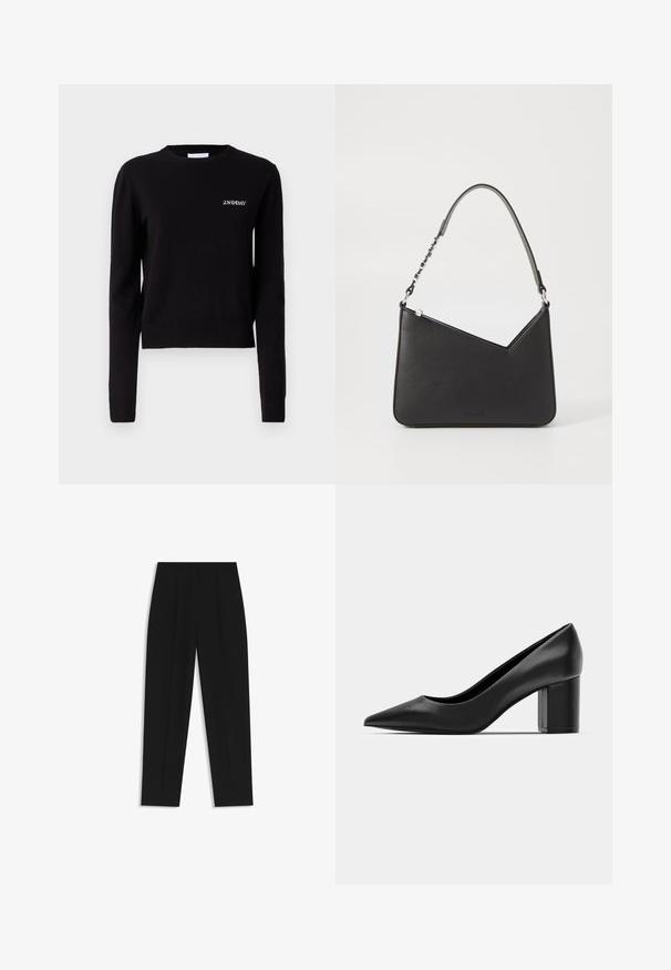 Schwarzer Strickpullover mit langen Ärmeln, rundem Halsausschnitt sowie Rippabschlüssen an den Ärmeln und am Saum. Mit aufgesticktem "2ND DAY"-Logo auf der Brust.; Schwarze Hose mit geradem Schnitt, doppelten Falten, einer glatten Textur und einem klassischen Bunddesign. Keine sichtbaren Beschläge oder Akzente.; Schwarze Lederpumps mit spitzem Zehenbereich und einem klobigen quadratischen Absatz. Glatte Textur, einfaches Design, geeignet für formelle Anlässe.; Schwarze Lederhandtasche in dreieckiger Form, mit schmalem Tragegurt und silbernem Zubehör. Sie verfügt über einen Reißverschluss und ein geprägtes Logo auf der Vorderseite.