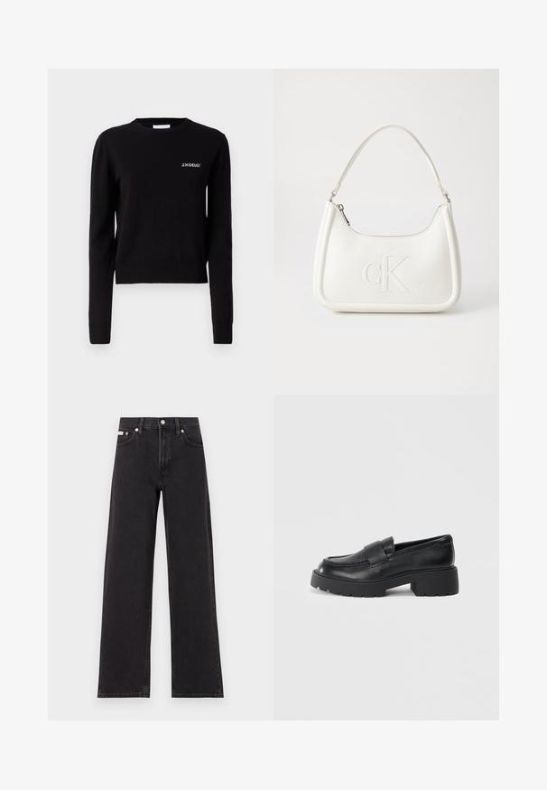 Maglione nero lavorato a maglia con maniche lunghe, scollatura rotonda e polsini e orlo a coste. Presenta il logo "2ND DAY" ricamato sul petto.; Jeans neri a gamba larga in denim, con vita alta, styling a cinque tasche e chiusura con bottone metallico e cuciture a contrasto.; Mocassini in pelle nera con finitura testurizzata, caratterizzati da una fascia rettangolare sulla parte anteriore e un design di suola spessa e scanalata.; Borsa a tracolla in pelle bianca con forma curva, dotata di un logo "CK" impresso sul davanti e una singola tracolla. Chiusura a zip nella parte superiore.