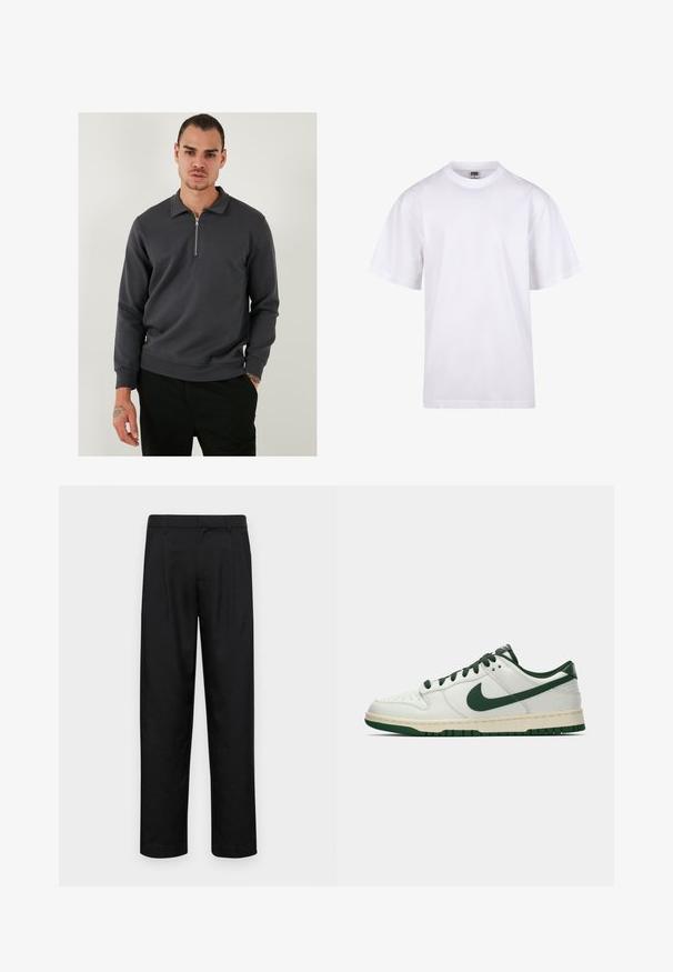 Ciemnoszary pulower na zamek o ćwiartkę wykonany z gładkiej mieszanki bawełny. Posiada kołnierz oraz ściągacze, charakteryzuje się luźnym krojem i minimalistycznym stylem.; Biała bawełniana koszulka z okrągłym dekoltem, krótkimi rękawami i luźnym krojem. Posiada prosty design bez wzorów czy akcentów.; Czarne spodnie wykonane z gładkiego materiału, z prostą nogawką, dwoma fałdami z przodu oraz standardowym paskiem z wypustkami na pasek.; Białe sneakersy niskie z ciemnozielonym logo Nike, sznurowadłami i akcentami na podeszwie, pokazane z profilu na jednolitym białym tle.