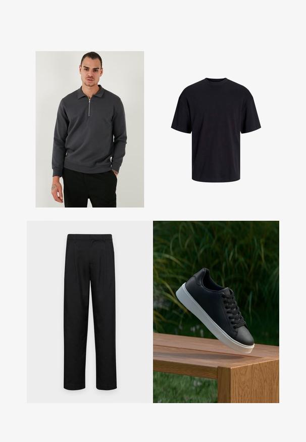 Tumehall kvartarzipiga pullover, mis on valmistatud siledast puuvillasegust kangast. Omab kaelust ja soonikkoes varrukaid, on vabalt istuv ja minimalistik disainiga.; Must must on mustre, lühikeste varrukatega ja vabalt langev. Sile tekstuur ja ilma nähtavate mustrite või aktsentideta.; Mustad mustadest riietest, millel on sirge jalgade disain, kaks eesmist voltimist ja tavaline vöökoht, millel on vöökohad.; Must värvi nahast tennisekingad siledast materjalist, valge kummist tald ja kuus aukku paelte jaoks, asetatud puidust pinnale.