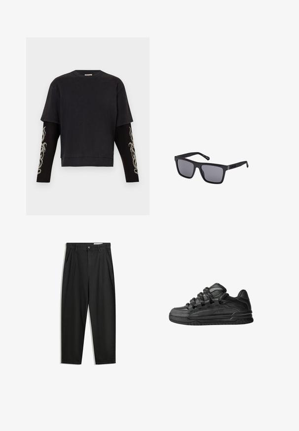 Maglietta nera a maniche corte con lunghe maniche nere che presentano disegni tribali grigi. Realizzata in tessuto morbido con una vestibilità comoda e scollatura rotonda.; Pantaloni in cotone neri con una vestibilità rilassata, dotati di una vita classica, pieghe frontali e tasche laterali. Tessuto liscio senza fantasie.; Sneaker nere con una toma in pelle liscia, dettagli testurizzati e lacci tondi neri e bianchi. Suola spessa in gomma con battistrada gommato.; Occhiali da sole rettangolari neri con lenti scure, finitura opaca e dettaglio del logo sulla tempia. Il design presenta bordi dritti e montature spesse.