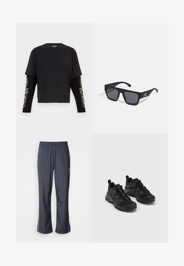 Čierne tričko s krátkym rukávom a dlhými čiernymi rukávmi s šedými kmeňovými vzormi. Vyrobené z mäkkej látky, s voľným strihom a okrúhlym výstrihom.; Námornícky modré ľahké športové nohavice s elastickým pásom, bočnými vreckami a bielymi akcentmi na stranách. Hladká textúra.; Čierne športové topánky s priedušným zvrškom, flexibilným dizajnom, štruktúrovanou podrážkou a výrazným šnurovaním so pútkami pre jednoduché obúvanie.; Čierne slnečné okuliare s matným povrchom a sivými sklami. Obsahujú strieborné logo na stranskej časti. Pevný plastový rám.