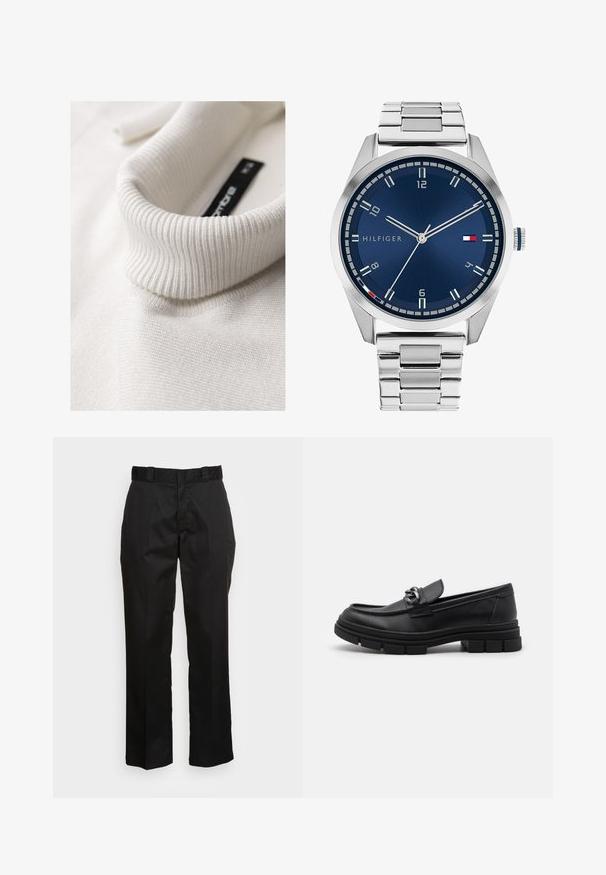 Weißer, gerippter Rollkragenpullover in Nahaufnahme, der seine Textur und die Faltendetails des Kragens hervorhebt.; Schwarze Hose aus einem glatten Stoff, mit einem geraden Bein Design, Gürtelschlaufen und zwei Seiten Taschen. Klassischer Look ohne Verzierungen.; Schwarzer Lederloafer mit runder Zehenform, einem dekorativen Riemen und Hardware sowie einer robusten, strukturierten Sohle. Glatte Oberfläche mit dezenten Details.; Silberne Metall-Uhr mit einem gebürsteten blauen Zifferblatt, weißen Stundenmarkierungen und einem Datumsanzeiger. Verfügt über ein verlinktes Metallarmband und ein Markenlogo.