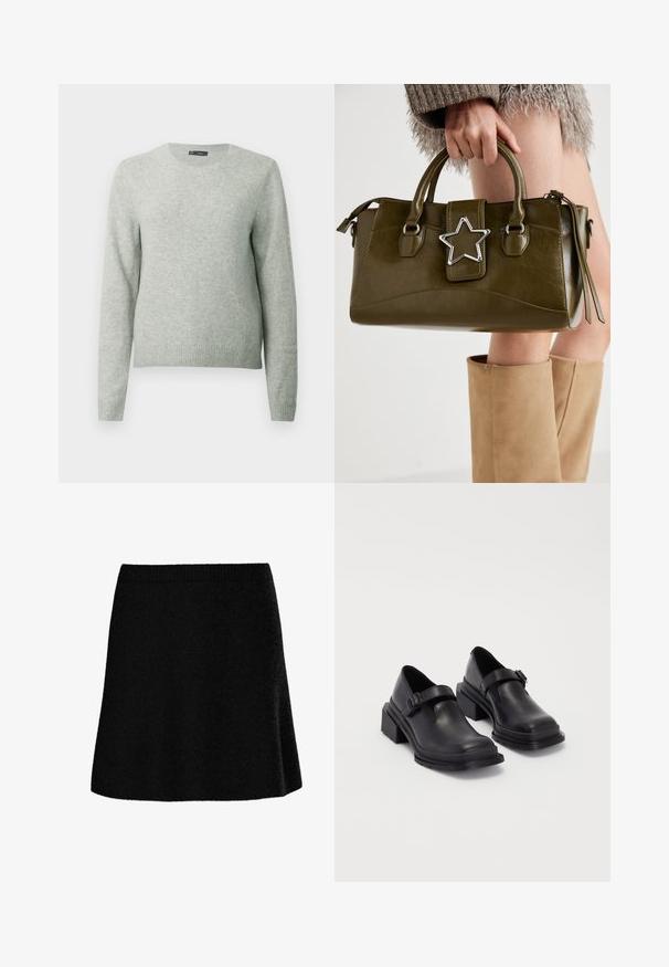 Svetlošedý sveter s dlhým rukávom a okrúhlym výstrihom s rebrovými manžetami a lemom, umiestnený na jednoduchom bielom pozadí.; Čierna sukňa áčkového strihu z textúrovanej, mäkkej látky. Má priliehavý pás a rozšírený strih, ktorý poskytuje hladký, ležérny vzhľad.; Čierne kožené topánky s okrúhlou špičkou, plochou podrážkou a remienkom s detailom pracky. Hrubý blokový opätok pre väčšiu stabilitu.; Olive zelená kabelka z faux kože s striebornou hviezdou, dvojitými uchami a zipsovým uzáverom. Textúrovaný povrch a štruktúrovaný tvar.