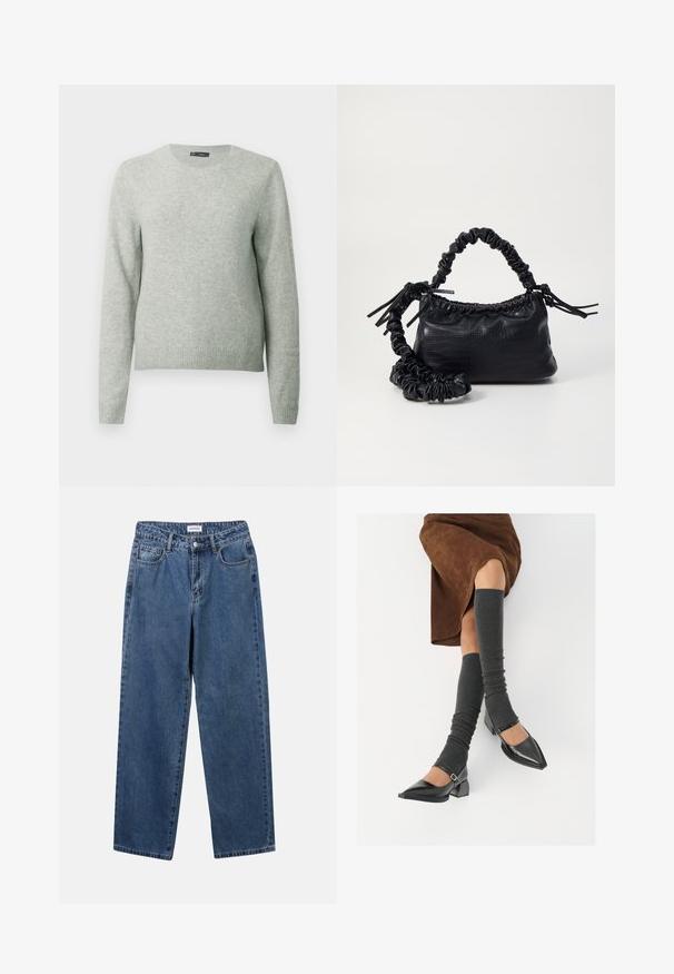 Helehall pikkade varrukatega ümarkaelusega sviiter, ribidega manšettide ja äärtega, esitatud lihtsal valgel taustal.; Klassikalised sinised denimists teksad otsejalaga disainiga, viie taskuga ja nööbisuletusega. Omab keskmist pesu ja tugevat tekstuuri.; Mustad patsaline odav värviga kingad, millel on kreen ja pahkluuring, on paaritatud hallide ribakudumitega sääremiidega ja pruunist nahast seelikuga.; Must must sünteetilisest nahast käekott, millel on krokodillimuster, kokku tõmmatav ülaosa ja kortsus rihm. Tundub pehme ja kompaktne disain.