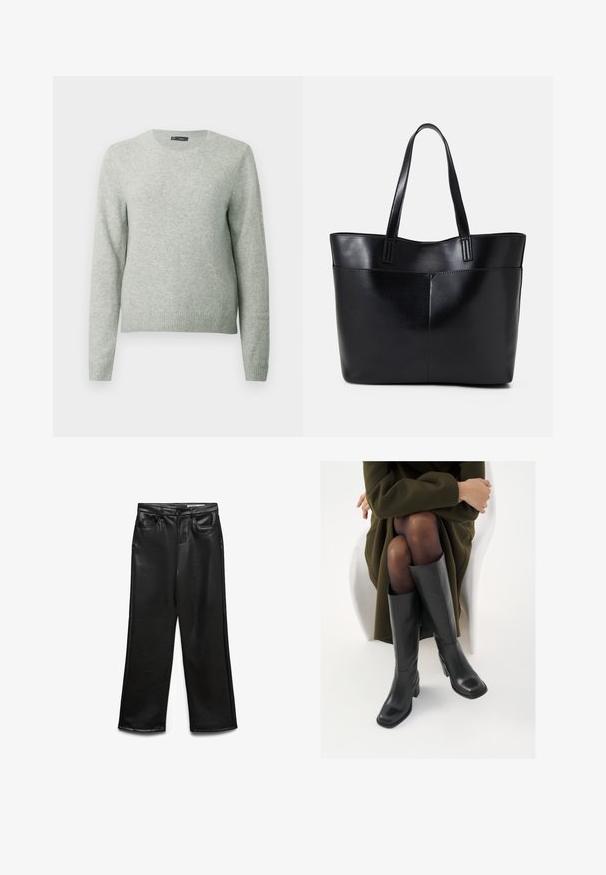 Helehall pikkade varrukatega ümarkaelusega sviiter, ribidega manšettide ja äärtega, esitatud lihtsal valgel taustal.; Mustad kunstnahast laiade säärtega püksid esitaskutega, vööaasadega ja õrnalt läikiva pinnaga. Sile tekstuur ja kohandatud sobivus.; Knee-high mustad nahast saapad nelinurkse varbaga ja plokilise kontsaga, esitatud mudeli kõrval, kes istub oliivirohelises mantlis. Sujuv tekstuur, minimaalne detailide arv.; Must mustaga musta nahast, millel on kaks pikka kanda, sile tekstuur ja struktureeritud kuju. Esipoolsel on lisakoti jaoks tasku.
