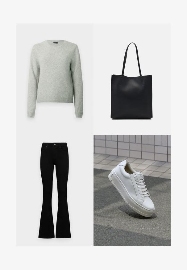 Helehall pikkade varrukatega ümarkaelusega sviiter, ribidega manšettide ja äärtega, esitatud lihtsal valgel taustal.; Mustad kõrge vöökohtadega teksad, millel on nööp ja lukuga sulgemine, esikäe taskud ja laienevad sääred, asetatud tasasele valgele taustale.; Valge nahast toss, millel on madala sääre disain, lamedad paelad, ümar varvas ja tekstureeritud küljed. Paks kummist tald, millel on peened aktsendid.; Mustast nahast kott sujuva tekstuuriga, ristkülikukujuline ja kahe pika sangaga. Pole nähtavat riistvara ega kaunistusi.