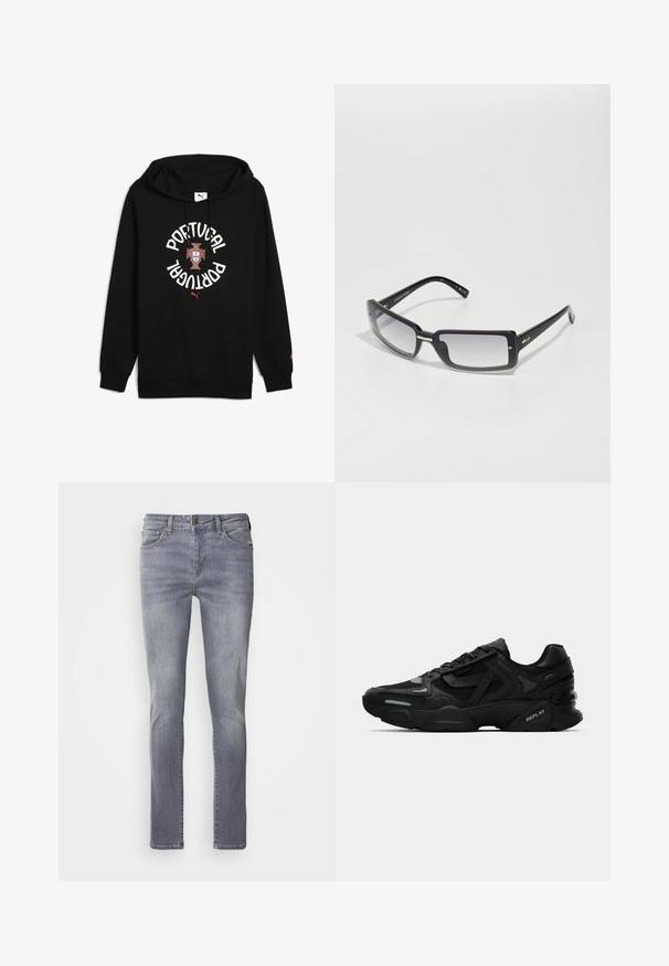 Musta huppari, jossa on naru, jossa on valkoiset tekstit "PORTUGAL", keskellä vaakuna ja punaisia yksityiskohtia. Sisältää etutaskun ja ribatut hihansuut.; Vaaleanharmaat farkut, joissa on suora leikkaus. Farkuissa on viisi taskua, messinkinen nappikiinnitys ja hienovarainen kulutusjälki jaloissa.; Mustat urheilulenkkarit, joissa on teksturoitu yläosa, heijastavat yksityiskohdat ja pehmeät pohjat. Varustettu nauhoilla ja brändilogo sivussa.; Mustat suorakulmaiset aurinkolasit, joissa on gradienttilinssi, paksu kehys ja metalliset yksityiskohdat varsissa. Sileä pinta koko ajan.