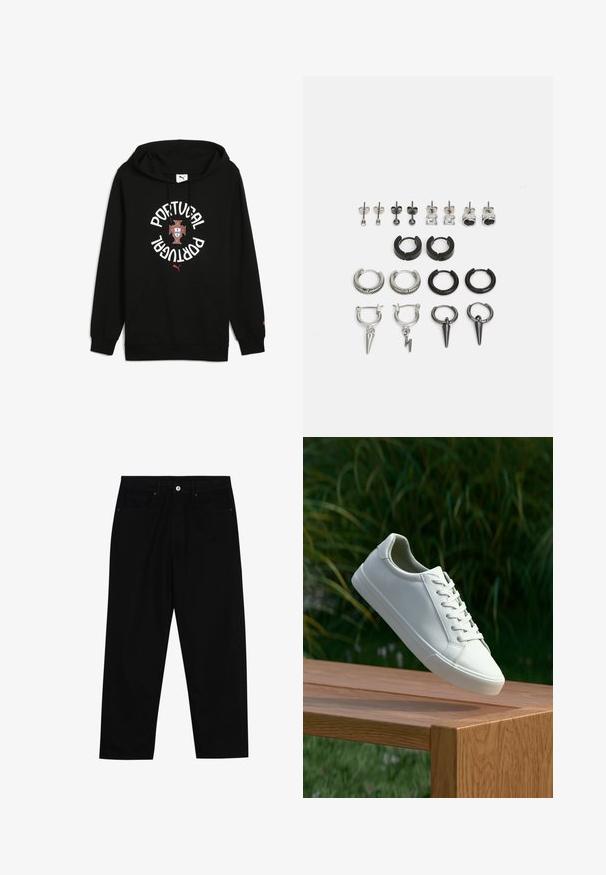 Čierna mikina s kapucňou a sťahovacou šnúrkou, obsahuje text "PORTUGAL" bielou farbou, centrálny erb a červené akcenty. Má predné vrecko a ribbové manžety.; Čierne denimmové nohavice s rovný strihom, dizajnom s piatimi vreckami a upínaním na prednej strane. Hladká textúra s minimálnymi detailmi šitia.; Biele šnurovacie tenisky sa vznášajú nad drevenou lavicou so zeleným porastom v pozadí, predvádzajúc design a textúru topánok.; Súprava náušníc rôznych štýlov: strieborné a čierne kruhy, puzetové a visacie vzory, s textúrami a detailmi ako sú hroty a vzory.