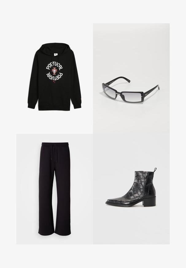 Hanorac negru cu șnur, cu inscripția "PORTUGALIA" în text alb, blazonul central și accente roșii. Include buzunar frontal și manșete cu model rib.; Pantaloni de trening negri, realizati din material moale, cu talie reglabilă prin șnur, croială lejeră și design cu picioare drepte. Stil minimalist, fără modele.; Cizme negre până la gleznă, fabricate din piele sintetică texturată cu un model de crocodil, având vârful pătrat și toc bloc.; Ochelari de soare rectangulare negri cu lentile cu gradient, având un cadru gros și detalii metalice accent pe brațe. Textură netedă pe întreaga suprafață.