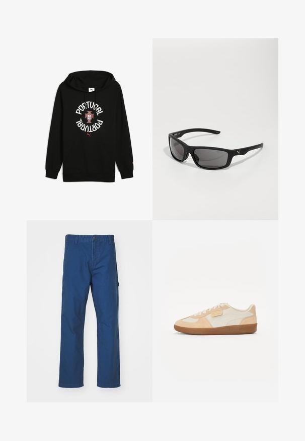 Must musträni nööbiga, millel on valge tekst "PORTUGAL", keskne vapp ja punased aktsendid. Sisaldab esist pocketit ja soonikkrae.; Sinised puuvillased twill-püksid sirge jala disainiga, nupuga kinnituse ja küljetaskuga. Sujuv tekstuur, ilma nähtavate mustrite või aksessuaalideta.; Beežid tossud, millel on nahk ja sametist pealmine kiht, kerge koorevärvi paneel, pruuni tooni aktsendid ja tekstureeritud kummist tald. Logoga külgedel.; Mustad mustaga viimistlusega prille, ristkülikukujuliste läätsedega ning silmapaistva logoga orelil. Polariseeritud läätsed, UV-kaitse.