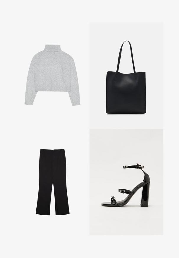 Grau, beschnittenes Rollkragenpullover mit gerippten Bündchen und Saum. Hergestellt aus weichem Material mit glatter Textur und einem klaren Design.; Schwarze Hose mit geradem Schnitt, ausgestattet mit Fronttaschen und Seitenschlitzen am Saum. Hergestellt aus weichem, glattem Stoff. Geeignet für verschiedene Anlässe.; Schwarze patentierte Sandalen mit Absatz, quadratischer Spitze, Knöchelriemen und silbernen Schnallen. Mit einem stabilen Blockabsatz für mehr Stabilität.; Schwarze Laptoptasche aus Leder mit glatter Textur, rechteckiger Form und zwei langen Griffen. Keine sichtbaren Beschläge oder Verzierungen.