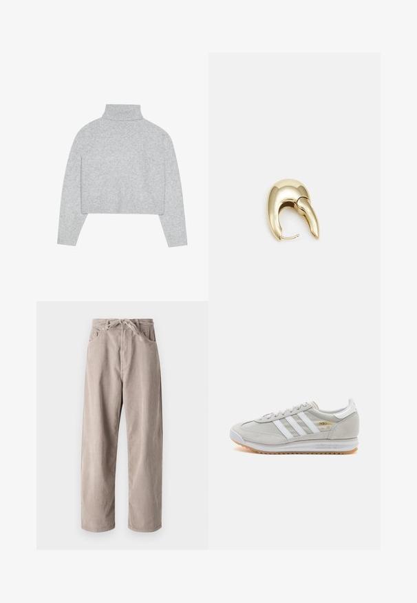Grå, kort turtleneck genser med ribbestrikkede mansjetter og kant. Laget av mykt materiale med en glatt tekstur og et rent design.; Beige kordfløyelsbukser med løs passform, med strikk i livet, to frontlommer og vertikal ribbet tekstur.; Lys grå sneaker laget av semsket skinn og mesh, med tre hvite striper, rund tå og såle av gummi. Gull logo-aksent nær snørebåndene.; Gullfarget metalløredobber med et elegant, buet design. Har en karakteristisk spiss form, polert overflate og hengsel-lukking.
