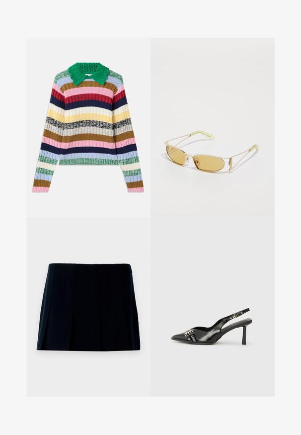 Dažādu krāsu svītrots džemperis ar zaļu adītu apkakli. Iezīmēts ar horizontālām svītrām rozā, tumši zila, beiga, dzeltenā un zaļā krāsā.; Melnā plisētā mini svārki, kas izgatavoti no auduma. Tiem ir taisna josta un vairākas vertikālas krokas, kas piešķir formu un tekstūru.; Melnā patentēta ādas sandale ar norādītu purngalu, potītes siksniņām ar sudraba sprādzēm un aparatūru, kā arī smalku papēdi.; Dzeltenā tonēti saulesbrilles ar caurspīdīgu zelta rāmi, smalku taisnstūra formu un leņķotām kājām ar gaiši zaļiem akcentiem.; Melnā iepirkumu soma ar gludu neilona virsmu, aprīkota ar garām ādas siksnām, noņemamu plecu siksnu un zelta logotipu.; Melnas džinsu pirkstu brīvās cimdi ar strukturētu apdari, ar sprādzi un atvērtu kabatu uz plaukstas zonas.