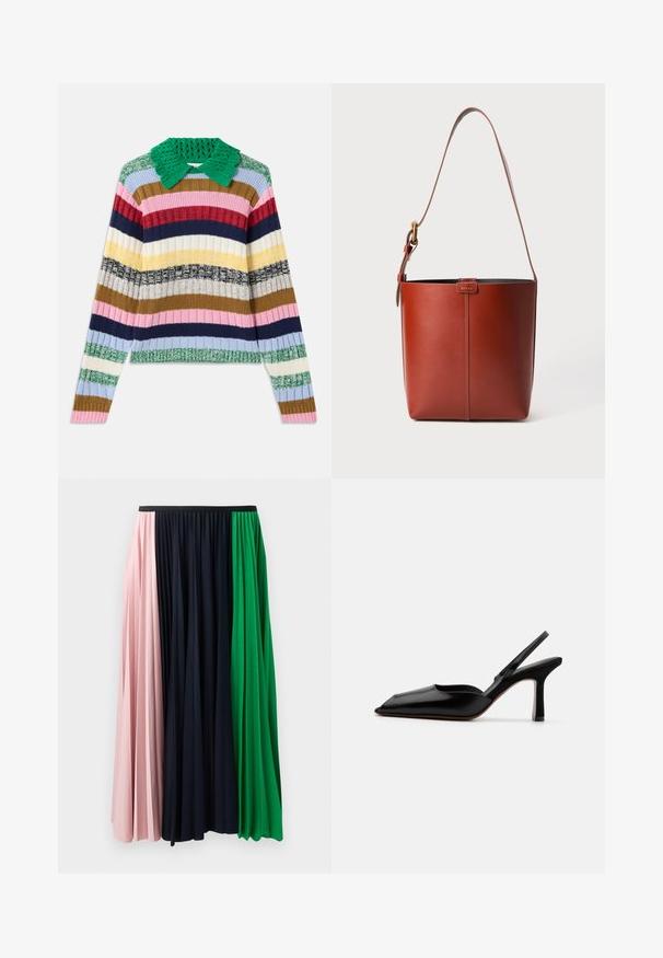 Több színű bordázott pulóver zöld kötött gallérral. Jellemzői a vízszintes csíkok rózsaszín, tengerészkék, bézs, sárga és zöld színekben.; Fellős szoknya rózsaszín, tengerészkék és zöld panelekből. Puha anyagból készült, rugalmas derékrésszel a kényelmes illeszkedés érdekében.; Fekete bőr szandál sarkú cipő hegyes orral, minimalist designnal, vékony bokapánttal és karcsú tűsarkúval. Sima textúra.; Barna bőr vödör táska állítható vállpánttal és aranyszínű csattal, egyszerű függőleges varrással az elején.