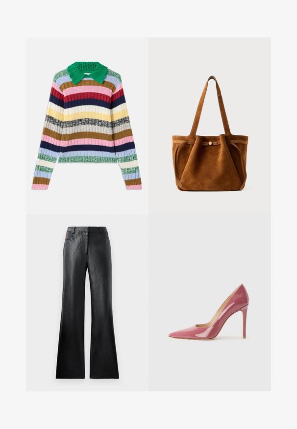 Multicolored ribbed sweater with a green knitted collar. Features horizontal stripes in pink, navy, beige, yellow, and green.; Black leather flared pants with a smooth texture, featuring two front pockets with black and brown accents near the waist.; Pink patent leather high-heeled pump with a pointed toe and sleek silhouette, featuring a cut-out detail and a stiletto heel.; Brown suede tote bag with dual handles, a button closure strap, and a relaxed, slightly slouchy shape.