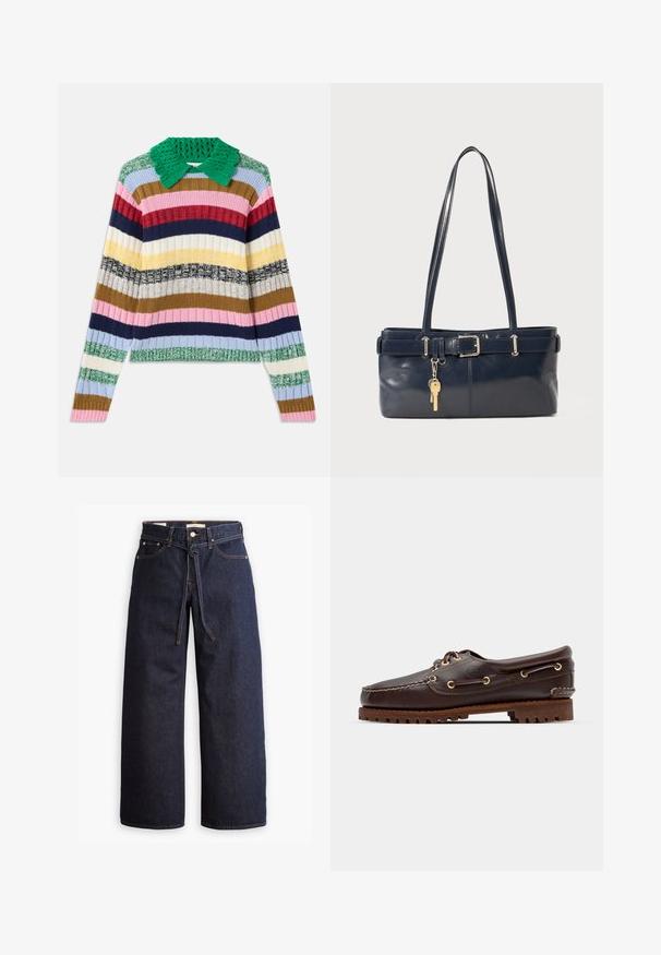 Mitmevärviline sooniline sviiter rohelise kudumisega kraega. Omab horisontaalseid triibu roosa, tumesinise, beeži, kollase ja rohelise värviga.; Laiad joped tumeda sinise denimi ja kõrge taljega, millel on paela kinni tõmbamise võimalus, viis taskut ja kontrastsete õmblustega detailid.; Pruun nahkne paadisuss kuldsete silmadega, ümmarguste nööridega ja tekstuuriga pruuni kummitaldiga. Omab õmmeldud detaile ja väljaulatuvat logo.; Tumedast nahast käekott kahe pika käepidemega, pandla detailiga ja võtmehoidjaga. Omab siledat tekstuuri ja ristkülikukujulist vormi.