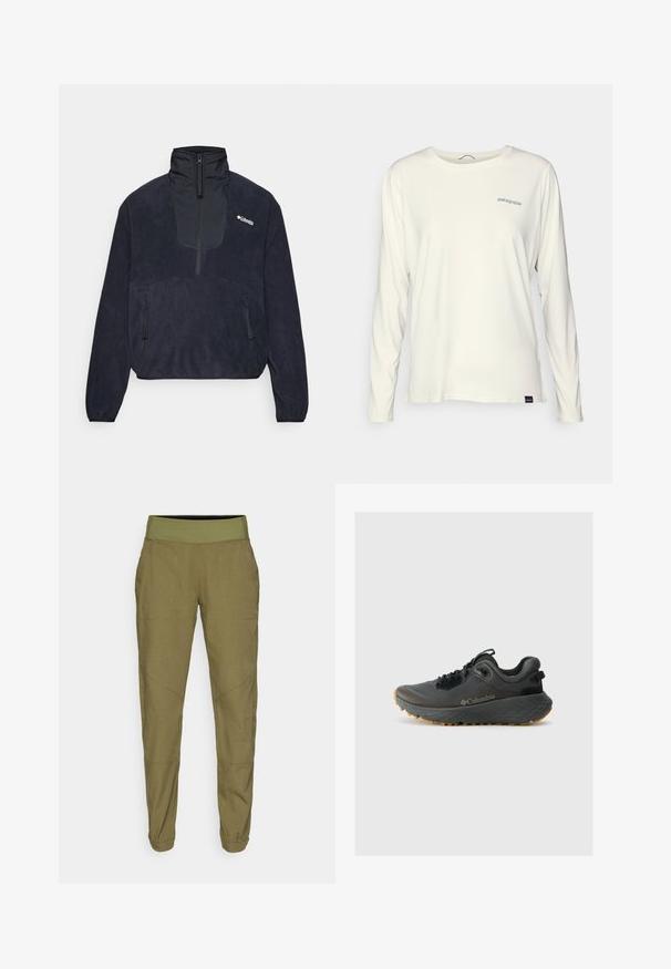 Fleece-pullover i navy med høj krave, halvdækkende lynlås foran, to lynlåslommer på siden og en glat tekstur. Columbia-logo på brystet.; Langærmet t-shirt med rund hals i off-white bomuld. Har et blåt Patagonia-logo på venstre bryst og en tætsiddende pasform.; Olivenfarvede tapered bukser med elastisk talje, letvægtsstof og to sidelommer. Har diskret syninger og opsmøg ved nederkant.; Columbia TERRASTRIDE CRZ - Hikingsko - shark/black