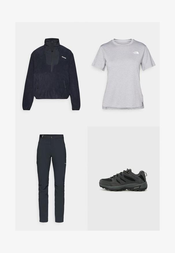 Tamsiai mėlynas fleece tipo džemperis su aukštu apykakle, pusiau zip užtrauktuku priekyje, dviem užtrauktuku uždaromomis šoninėmis kišenėmis ir lygia tekstūra. Columbia logotipas ant krūtinės.; Pilkas trumpomis rankovėmis marškinėliai, pagaminti iš minkštos, drėgmę sugeriančios medžiagos. Turi apvalią iškirptę ir mažą baltą logotipą viršutiniame kairiajame kampe.; Vyrų lauko kelnės, tamsiai pilkos, pagamintos iš elastingos medžiagos, su diržu, užtrauktukais užtraukiamomis kišenėmis ir sustiprinta siūle.; Columbia REDMOND - Turistiniai batai - black/citron haze