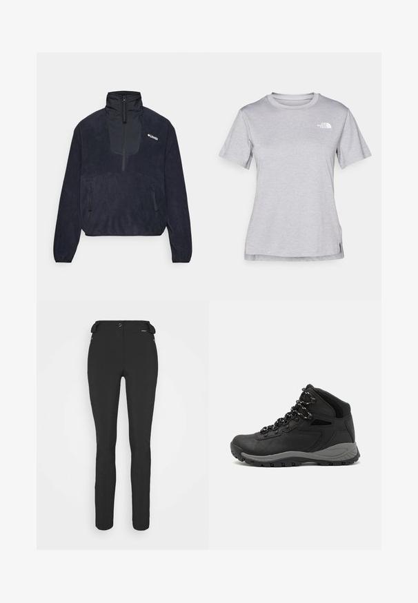 Pullover in pile blu scuro con colletto alto, apertura a mezza zip sul davanti, due tasche laterali con zip e una texture liscia. Logo Columbia sul petto.; T-shirt grigio a maniche corte realizzato in morbido tessuto traspirante. Presenta un collo tondo e un piccolo logo bianco nella parte superiore sinistra.; Pantaloni neri aderenti realizzati in materiale flessibile. Presentano una tasca laterale con zip, ginocchia articolate e una texture liscia.; Stivale da trekking nero con design a metà altezza, dotato di una tomaia texturizzata, accenti grigi e suola in gomma resistente con tasselli per la trazione.