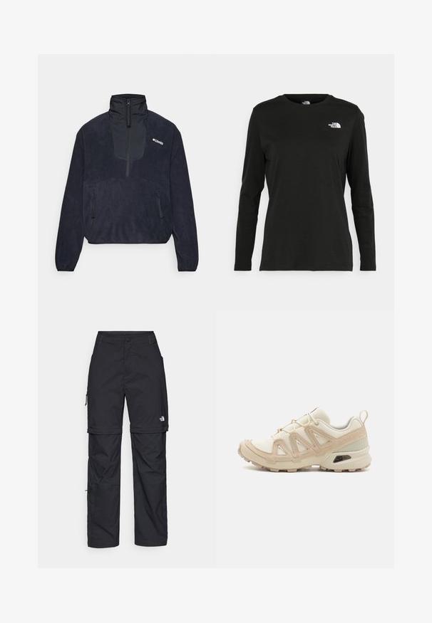 Fleece-pullover i navy med høj krave, halvdækkende lynlås foran, to lynlåslommer på siden og en glat tekstur. Columbia-logo på brystet.; Sort langærmet t-shirt lavet af bomuld med rund hals. Har et lille hvidt logo på venstre brystområde. Enkel design og pasform.; Sorte nylon cargo bukser med lynlås, justerbare manchetter, flere lommer og et logo på højre ben. Glat, let tekstur.; Beige og creme atletiksko med struktureret mesh-overdel, støttende overlays og gummiyderside med et mønster for trækkraft.