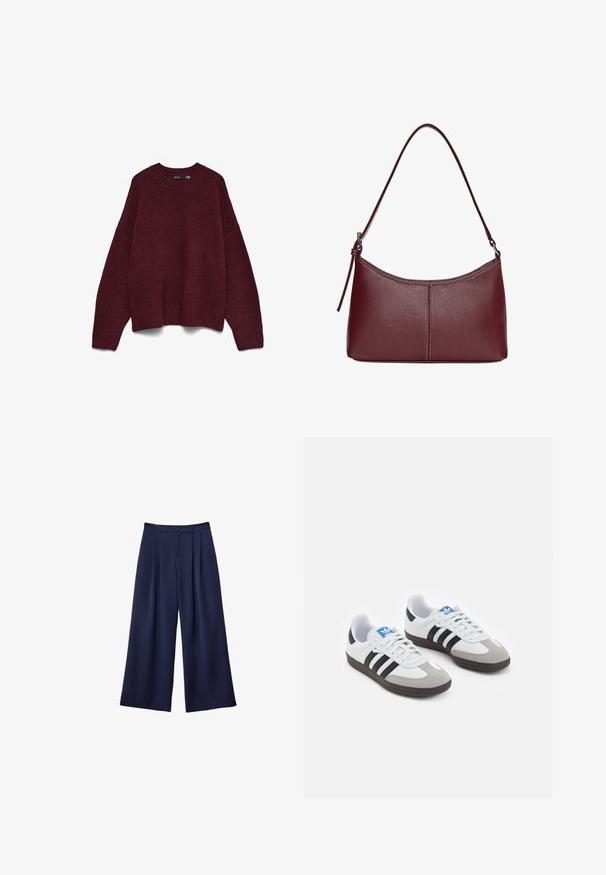 Pullover lungo a maniche di maglina di colore burgundy scuro con collo rotondo, polsini e bordo a coste, esposto piatto su uno sfondo bianco.; Pantaloni a gamba larga blu navy con pieghe, vita con bottoni e passanti per cintura, mostrati distesi su uno sfondo bianco.; Scarpe sportive con tomaia in pelle bianca, punta in suede grigia e tre strisce nere. Presentano un logo blu sulla linguetta e una suola in gomma testurizzata.; Borsa a tracolla in pelle bordeaux con forma curvata, una sola tracolla e dettagli cuciti al centro. Texture liscia, hardware minimale.