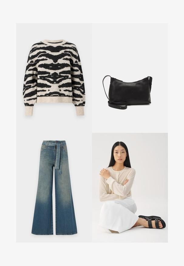 ONLY ONLAMBER O NECK - Jumper - oatmeal; Wide-leg denim trousers featuring a light to dark blue gradient, high waist, belt loops, and a matching fabric belt. Textured denim finish.; Light beige long-sleeve button-up top paired with a white skirt; model wears black strappy sandals, sitting with crossed arms.; Black leather shoulder bag with a smooth texture, curved shape, adjustable strap, and a zip closure. Minimalist design without embellishments.