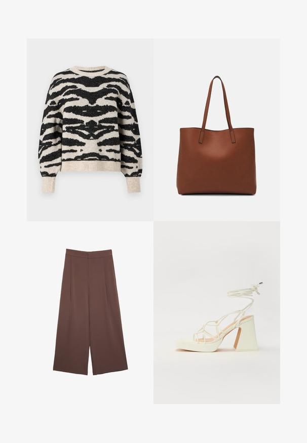 ONLY ONLAMBER O NECK - Neule - oatmeal; Ruskeat leveälahkeiset housut, joissa on sileä pinta, korkea vyötärö ja etupleat. Kangas on kevyttä ja laskeutuu väljänä.; Valkoinen korkokenkä, jossa on paksu korko, ja joka sisältää nauhakiinnityksen ja nilkkaketjun. Sujuva pinta, jossa on platform-etupohja lisäkorkeutta varten.; Ruskea nahkainen olkalaukku, jossa on sileä pinta, avoin yläosa ja kaksi olkahihnaa. Omaavat vain minimaalisen ompelun eikä näkyvää metalliosaa.