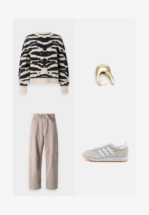 ONLY ONLAMBER O NECK - Džemperis - oatmeal; Bežīgas korduroja bikses ar brīvu piegriezumu, ar saistāmām jostām, divām priekšējām kabatām un vertikālu ribotu tekstūru.; Gaišpelēka kedas, izgatavotas no zamša un sieta, ar trim baltām svītrām, apaļu purngalu un gumijas zoli. Zelta logo akcenta detaļa blakus auklām.; Zeltīti metāla auskari ar gludu, izliekta dizaina. Ar atšķirīgu smailu formu, pulētu virsmu un eņģu aizdari.