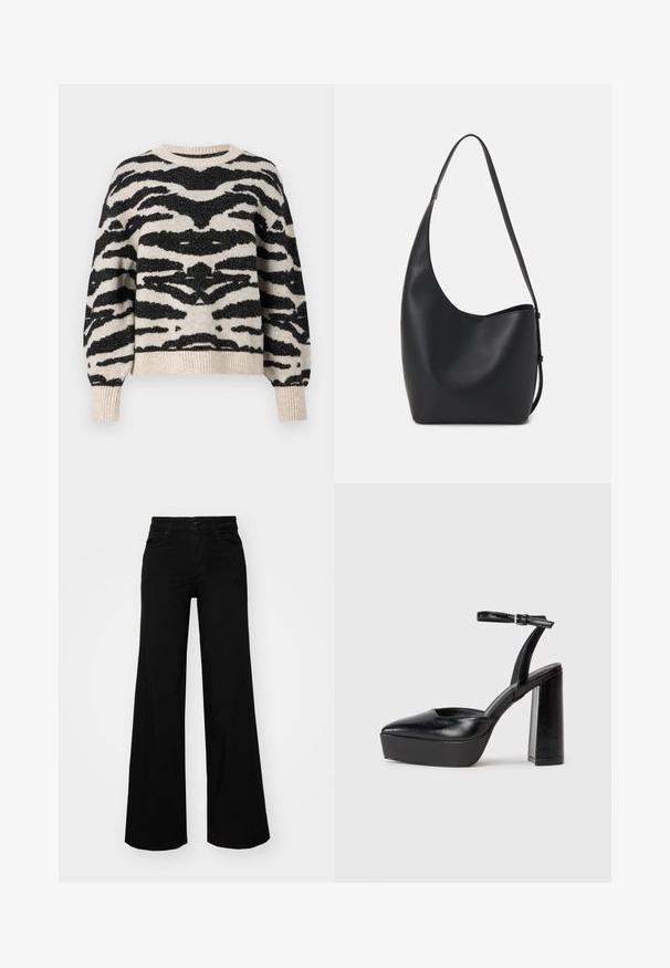 ONLY ONLAMBER O NECK - Pulóver - oatmeal; Fekete, bő szárú farmernadrág, amelynek állítható derékrésze van, övhurkokkal és elülső zsebekkel. Simaság jellemzi, klasszikus dizájnnal.; Fekete platform magassarkú cipők hegyes orral és állítható bokapánttal. Sima bőrből készült, vastag talppal.; Fekete bőr hobo táska sima textúrával, ívelt formával és egyetlen állítható pánttal; széles nyílás található a tetején.