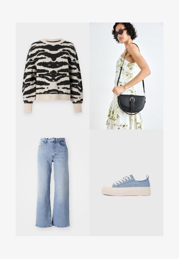 ONLY ONLAMBER O NECK - Strikkegenser - oatmeal; Lyseblå høyt liv vide jeans med front- og baklommer, knappelukking og subtile falminger på lårene og kanten.; Lys blå canvastøfler med en kremfarget gummitupp og yttersåle, med hvite snørebånd og en løfteløkke på hælen.; Svart lærveske med en buet form, avtagbar stropp og gullbeslag. Vesken har et klaff med spenne-detall.