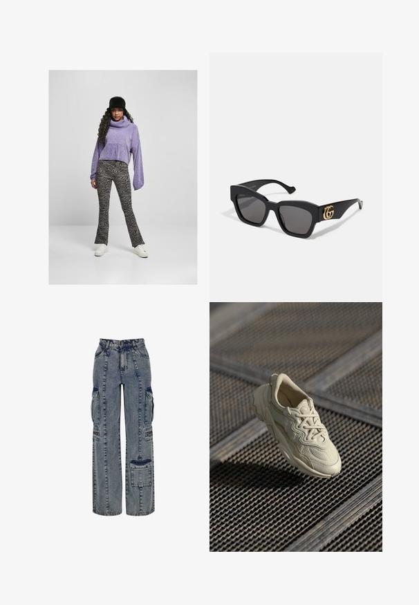 Maglione corto viola con collo alto, abbinato a pantaloni a zampa d'elefante con stampa zebra nera e grigia, e sneakers bianche. Cappello a secchiello nero.; Pantaloni cargo in denimazzurro chiaro. Presentano gambe larghe, molteplici tasche laterali e accenti in denim scuro a contrasto. Strutturati con cuciture visibili.; Sneaker beige con tessuto texturizzato, accenti lisci a contrasto, suola arrotondata e lacci, sospeso sopra una superficie a griglia.; Occhiali da sole neri rettangolari con lenti scure, dotati di logo GG in oro sul lato. Realizzati in plastica lucida con astine dritte.