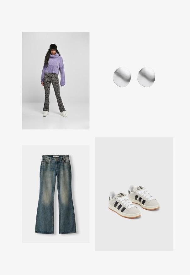 Fioletowy krótki sweter z golfem, w połączeniu z czarno-szarymi spodniami w zebry o rozszerzanym kroju oraz białymi sneakersami. Czarna kapelusz typu bucket.; Niebieskie dżinsy w fasonie dzwonów z wyblakłym wykończeniem, pięcioma kieszeniami i zapięciem na guzik. Materiał ma fakturę dżinsu z subtelnymi detalami szycia.; Szare zamszowe trampki z białymi sznurówkami, czarnymi paskami i białą gumową podeszwą. Posiadają okrągłe logo na języku oraz gumową podeszwę.; Srebrne okrągłe kolczyki o matowym wykończeniu, gładkiej powierzchni i delikatnym gradientowym odbiciu światła. Prosty, nowoczesny design bez ozdób.
