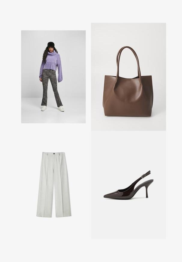 Pulover violet scurt cu guler înalt, asortat cu pantaloni evazați cu imprimeu zebra în nuanțe de negru și gri și adidași albi. Pălărie neagră tip bucket.; Pantaloni largi de culoare gri deschis, confecționați dintr-un material texturat, având închidere cu nasture și două plii în față pentru un detaliu suplimentar.; Pantof cu toc înalt Slingback din piele sintetică lucioasă de culoare maro închis, vârf ascuțit, laterale deschise și curea ajustabilă la glezne.; Geantă tote din piele maro, cu două mânere lungi, formă structurată, textură netedă și design minimal. Fără elemente sau accente vizibile.
