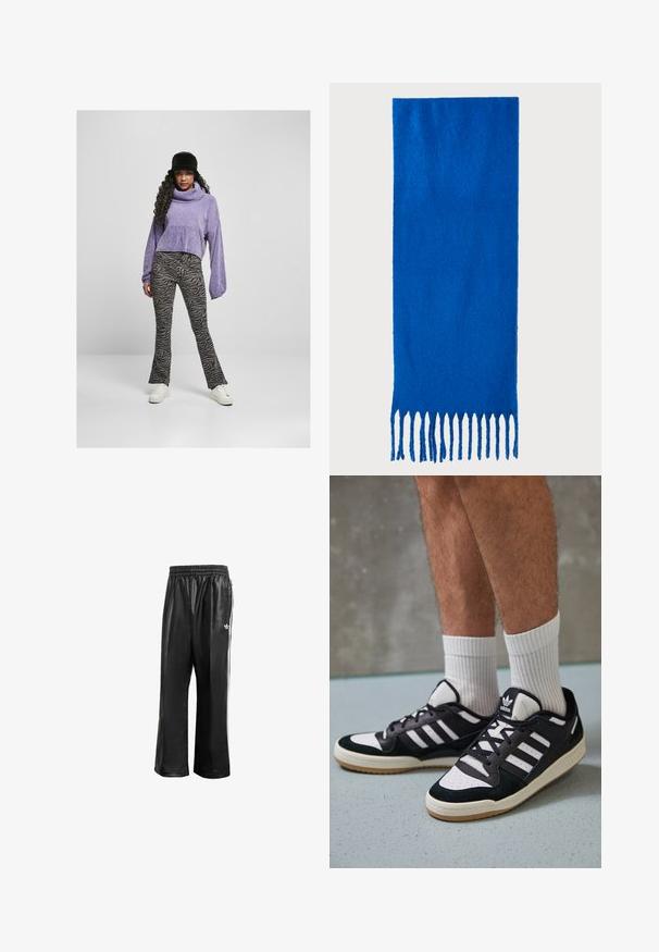 Vijolična skrajšana džemper s turtleneck-om, v kombinaciji s črno-sivimi hlačami s potiskom zebra in belimi supergami. Črn klobuk z ročajem.; Črne sintetične športne hlače z elastičnim pasom, z belimi stranskimi črtami in s majhnim belim logotipom na levem kolku.; Črno-bele superge z zgornjim delom iz usnja in nubuka, ki imajo tri bele črte, perforiran vrh prstov in podplat iz gume.; Modra šal s frinčo iz mehkega materiala; ima enotno barvo s teksturirano površino in enakomerno rezane frinče na dnu.