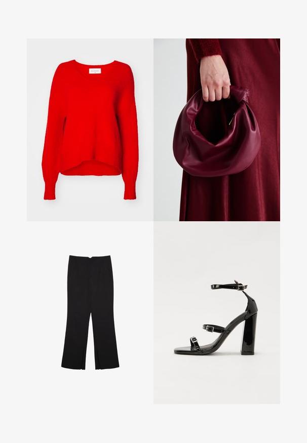 Roter Strickpullover mit V-Ausschnitt, langen Ärmeln und lockerer Passform. Strukturierter Stoff und gerippter Saum, mit einem Etikett im Kragen.; Schwarze Hose mit geradem Schnitt, ausgestattet mit Fronttaschen und Seitenschlitzen am Saum. Hergestellt aus weichem, glattem Stoff. Geeignet für verschiedene Anlässe.; Schwarze Lackleder-Sandalen mit hohen Absätzen, zwei Riemen mit Schnallen, quadratischer Zehenpartie und klobigem Blockabsatz, mit einer glatten, glänzenden Textur.; Burgunderleder-Handtasche mit einem weichen, gerafften Design und einer gerundeten Form. Der Griff ist gesichert und zeigt eine glatte Textur.