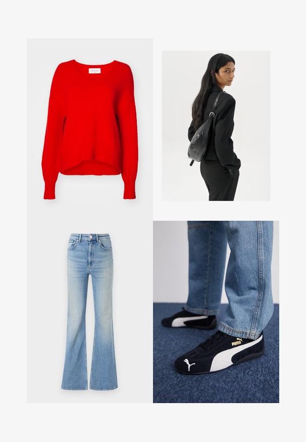 Pull en tricot rouge avec un col en V, des manches longues et une coupe décontractée. Tissu texturé et ourlet côtelé, avec une étiquette à l'intérieur du col.; Jean évasé bleu clair en denim, doté d'une taille haute, d'un design à cinq poches et d'un dégradé subtil vers l'ourlet.; Baskets en daim noir avec accents blancs, arborant un logo doré. Portées avec un jean en denim bleu clair et posées sur une surface bleue texturée.; Femme avec de longs cheveux foncés portant un costume noir, portant un sac à épaule en cuir noir, regardant par-dessus son épaule contre un fond blanc.; Boucles d'oreilles en argent en forme de créoles avec un design torsadé, dotées d'une finition polie et d'une fermeture à poussoir. Mesurent environ 3 cm de diamètre.