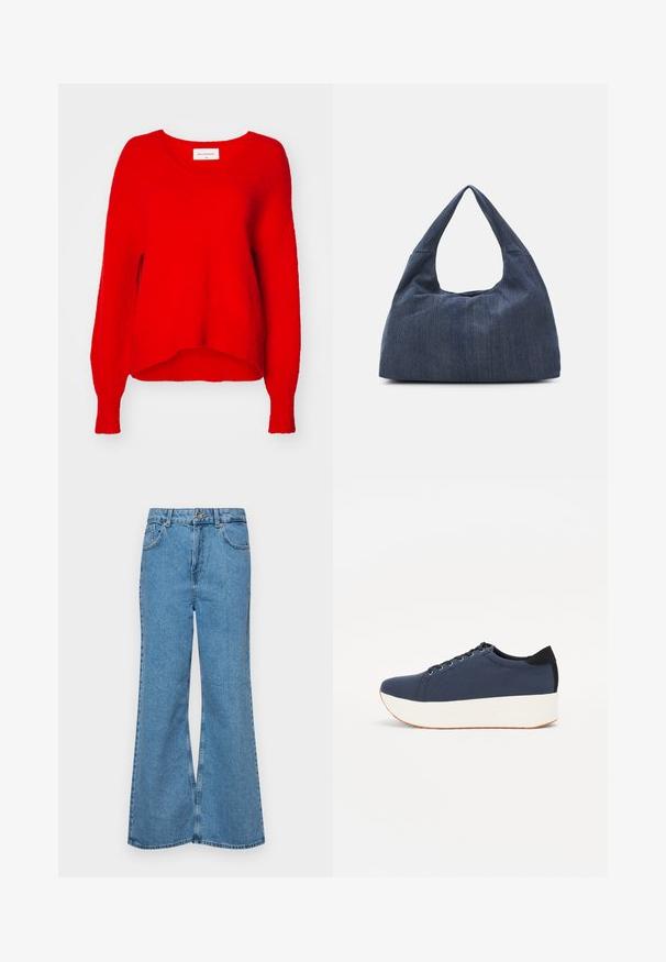 Pull en tricot rouge avec un col en V, des manches longues et une coupe décontractée. Tissu texturé et ourlet côtelé, avec une étiquette à l'intérieur du col.; Jean flare bleu clair en denim, avec une taille haute, cinq poches et une fermeture à un bouton. Texture douce avec une finition décolorée.; Baskets bleu marine avec un upper en tissu texturé, semelle plateforme blanche, bout arrondi et accent noir au talon. Dispose de six œillets pour les lacets.; Sac en denim bleu foncé avec une forme douce et flasque, doté d'une anse de style hobo et d'une surface texturée. Aucune accent matériel visible.
