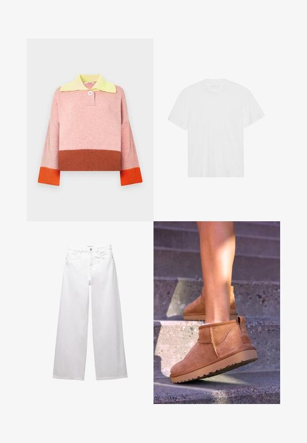 Knit pullover sweater featuring a yellow collar, pink body, and color-blocked sleeves in orange and brown. Relaxed fit with a button detail.; White cotton t-shirt with short sleeves, crew neckline, and straight hem. Smooth texture, minimalistic design without patterns or accents.; White wide-leg jeans made from denim. Features button closure, front and back pockets, and stitched seams. Smooth texture with minimal detailing.; Tan suede ankle boots with a soft texture, stitched detailing, and a rubber sole, featuring a looped heel for easy wear.