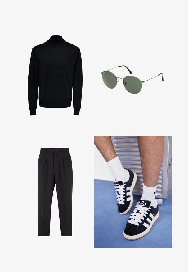 Černý rolákový svetr z měkké látky, s dlouhými rukávy, žebrovanými manžetami a lemem, s přiléhavým límcem a hladkou texturou.; Černé kalhoty s plisovaným předním designem, vyrobené z hladké tkaniny. Obsahují zapínání na knoflík a poutka na opasek; rovný střih.; Černé semišové tenisky s bílými tkaničkami a třemi bílými pruhy. Mají kulatou černou logo na jazyku a gumovou podrážku.; Sluneční brýle s kovovým rámem a oválnými zelenými skly. Tenký stříbrný kovový rám a černé chrániče uší. Minimalistický design, žádné viditelné logo.