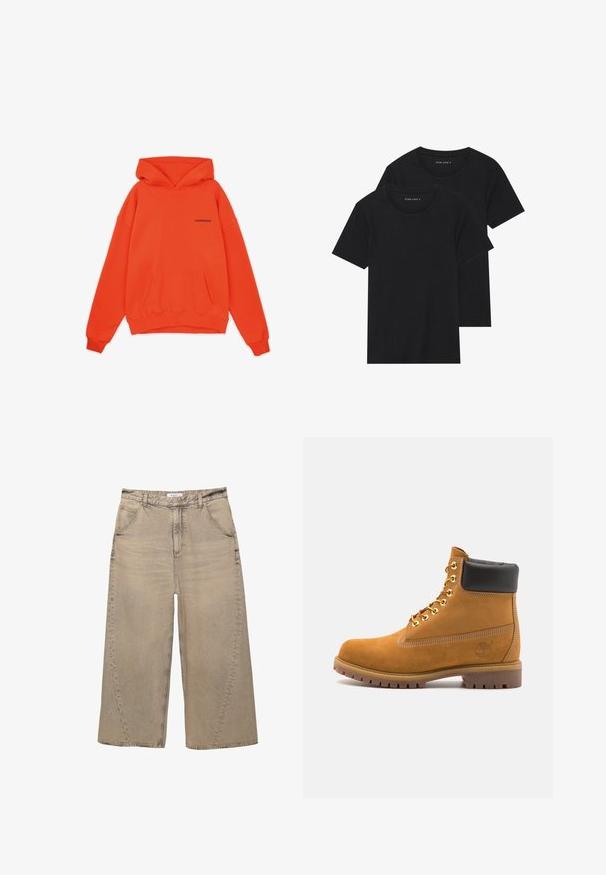 Oranssi hupullinen collegepaita, jossa on kengurun tasku, ribbireunat hihansuissa ja helmassa. Rinnassa pieni musta logo. Pehmeä kangas.; Kaksi mustaa puuvillapaitaa lyhyillä hihoilla, pyöreällä kauluksella ja sileällä pinnalla, esillä päällekkäin.; PULL&BEAR MEGA BAGGY - Baggy-farkut - light grey; Valkoinen nahkainen nilkkuri mustalla pehmustetulla kauluksella, kultaisilla metallisilla rei'illä, valkoisella ompeluksella ja jykevällä kumipohjalla, jossa on selvästi näkyvät urat.