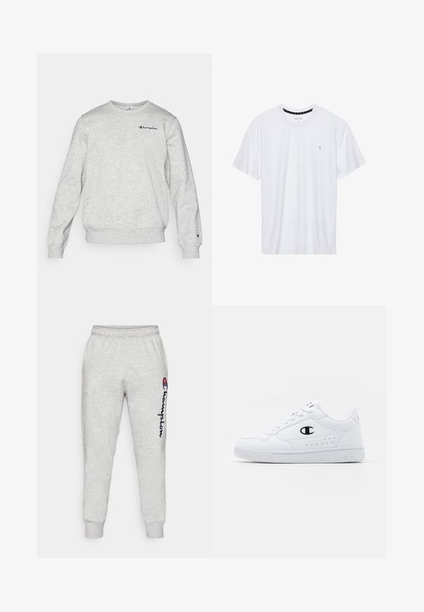Lysegrå sweatshirt lavet af en bomuldsblandingsstof, med rund halsudskæring, ribbede manchetter og kant. Logoet er broderet på brystet i mørkeblå.; Hvid crewneck t-shirt lavet af bomuld, med korte ærmer og et lille logo broderet på venstre brystområde. Blød tekstur.; Lysgrå bomulds sweatpants med ribbede manchetter, prydet med et vertikalt navy blåt "Champion" logo og en subtil tekstur. Elastisk talje for komfort.; Hvide atletiske sneakers med en glat syntetisk overdel, sort logoaccent og perforerede detaljer på siden. Gummisål.