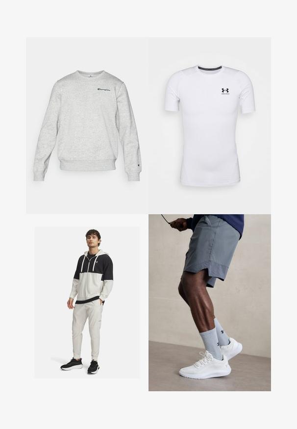 Light gray sweatshirt made of cotton blend fabric, featuring a round neckline, ribbed cuffs, and hem. Logo embroidered on the chest in dark blue.; White short-sleeve fitted shirt made of stretchable fabric. Features a black Under Armour logo on the chest and a smooth, textured surface.; Hooded athletic jacket in black and white with a zip closure; paired with white joggers featuring pockets and elastic cuffs; black sneakers.; White athletic shoes with textured mesh upper, paired with light blue ribbed socks featuring a logo. Grey athletic shorts with perforated trim.