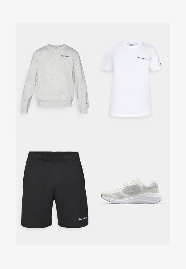 Helles graues Sweatshirt aus Baumwollmischgewebe, mit Rundhalsausschnitt, gerippten Bündchen und Saum. Logo auf der Brust in Dunkelblau gestickt.; Weißes Baumwoll-T-Shirt mit rundem Halsausschnitt, kurzen Ärmeln und schwarzem gesticktem "Champion"-Logo auf der Brust und am Ärmel.; Schwarze sportliche Shorts mit einem elastischen Bund, aus weichem Stoff gefertigt, mit einem kleinen weißen Logo auf der linken unteren Seite.; Weißer Sportschuh mit hellgrauen Akzenten, aus Mesh- und Wildledermaterial, abgerundeter Zehenpartie, strukturiertem Sohle und sichtbarem Markenzeichen an der Seite.