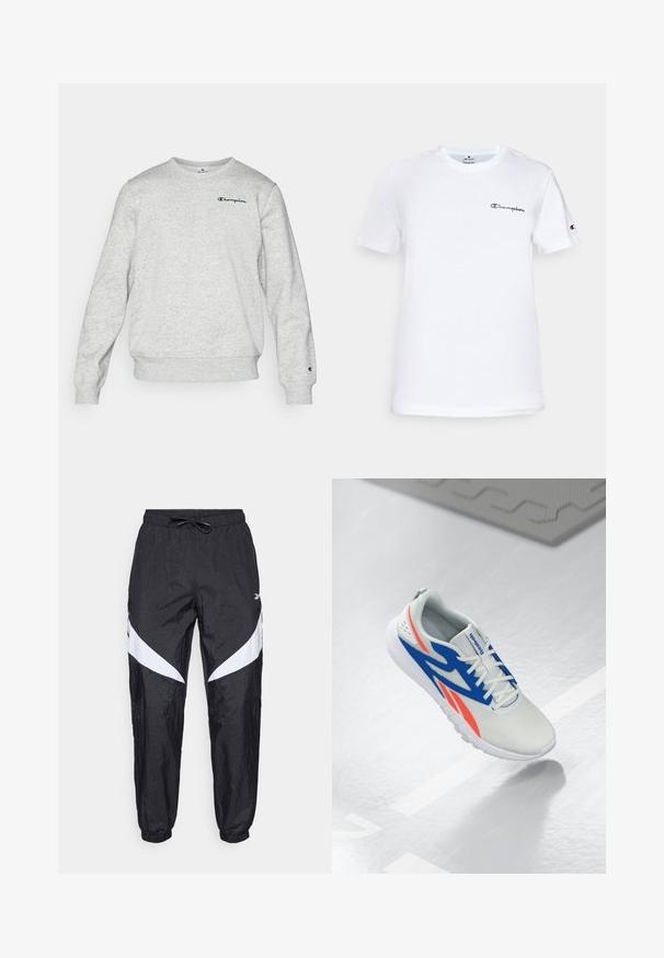 Lysegrå sweatshirt lavet af en bomuldsblandingsstof, med rund halsudskæring, ribbede manchetter og kant. Logoet er broderet på brystet i mørkeblå.; Hvid bomulds t-shirt med rund hals, korte ærmer og et sort broderet "Champion" logo på brystet og ærmeaccent.; Sorte træningsbukser lavet af struktureret stof med snor i taljen, med hvide diagonale accenter på siderne og elastiske manchetter.; Hvid sportssko med blå og røde detaljer, snøret og svævende over et lys gråt gulv med en linje og en måtte i baggrunden.