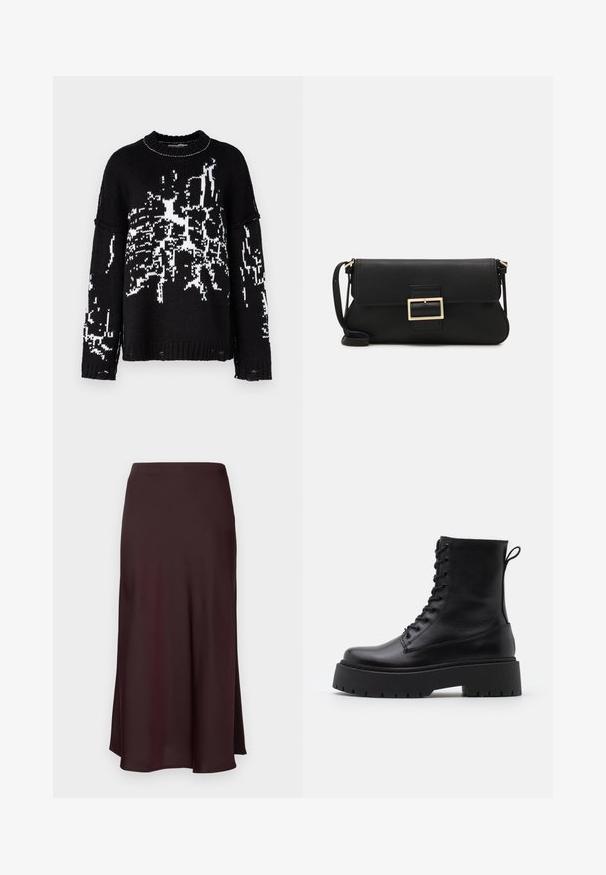 The Ragged Priest SHATTER - Jumper - black/white; Burgundy satin midi skirt with a smooth texture, a straight fit, and a slightly flared hem. No visible patterns or hardware details.; Black leather ankle boots with a round toe, lace-up front, and a thick rubber sole featuring a textured tread. Pull tab at the back.; Black leather clutch bag with a flap and a gold metal buckle detail. Includes a black strap and a sleek, minimalist design.; Gold-colored hoop earrings, thin and round in shape, with a smooth metallic finish and no embellishments or patterns.