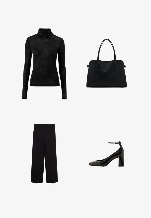 Schwarzer Rollkragenpullover aus einem strukturierten, weichen Stoff. Verfügt über lange Ärmel und ein tailliertes Design, das sich gut zum Schichten eignet.; Schwarze weit geschnittene Hosen aus glattem Stoff, mit Falten an der Vorderseite und seitlichen Taschen, entworfen in einem geraden, lässigen Schnitt.; Schwarze Lackleder-Pumps mit Knöchelriemen und glänzender Oberfläche, spitzer Zehenform und dickem Blockabsatz. Sanfte Textur, minimalistische Details.; Schwarze Lederhandtasche mit zwei Schulterriemen, rechteckiger Form und minimalistischem Design auf weißem Hintergrund.